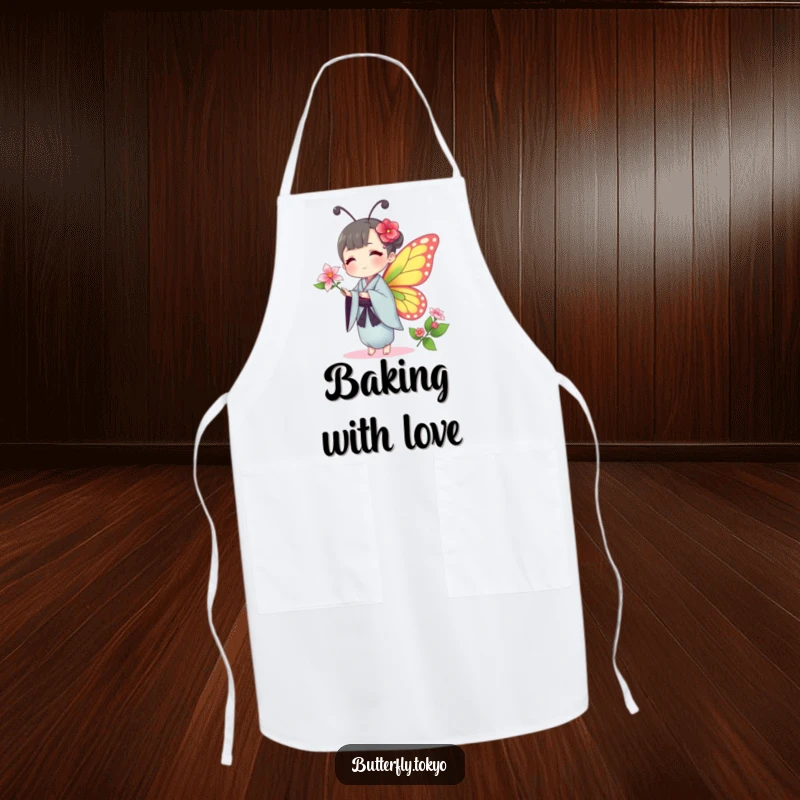 Funny Butterfly Kimono Apron: A butterfly in a traditional kimono humorously offers a delicate flower, making kitchen tasks elegant and fun.
