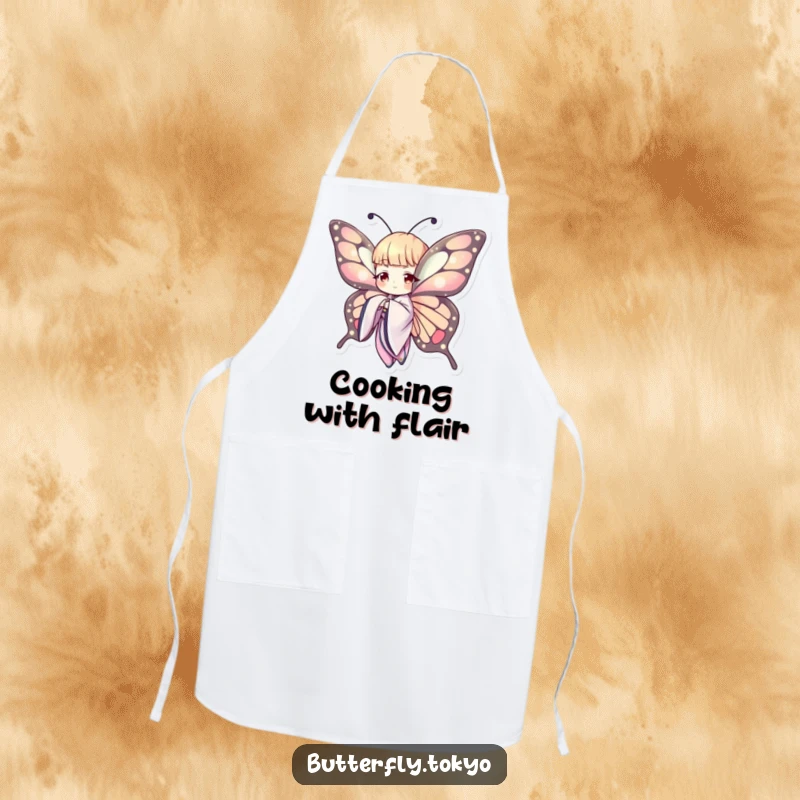 Funny Butterfly Kimono Apron: A humorous butterfly in a kimono, gracefully posing while cooking, making kitchen tasks fun and stylish.