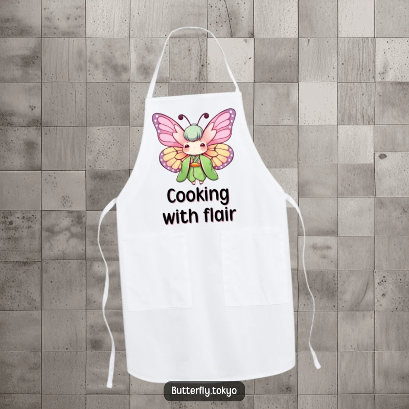 Funny Butterfly Green Kimono Apron showing a butterfly with wings spread wide in a green kimono, ideal for nature-inspired cooking.