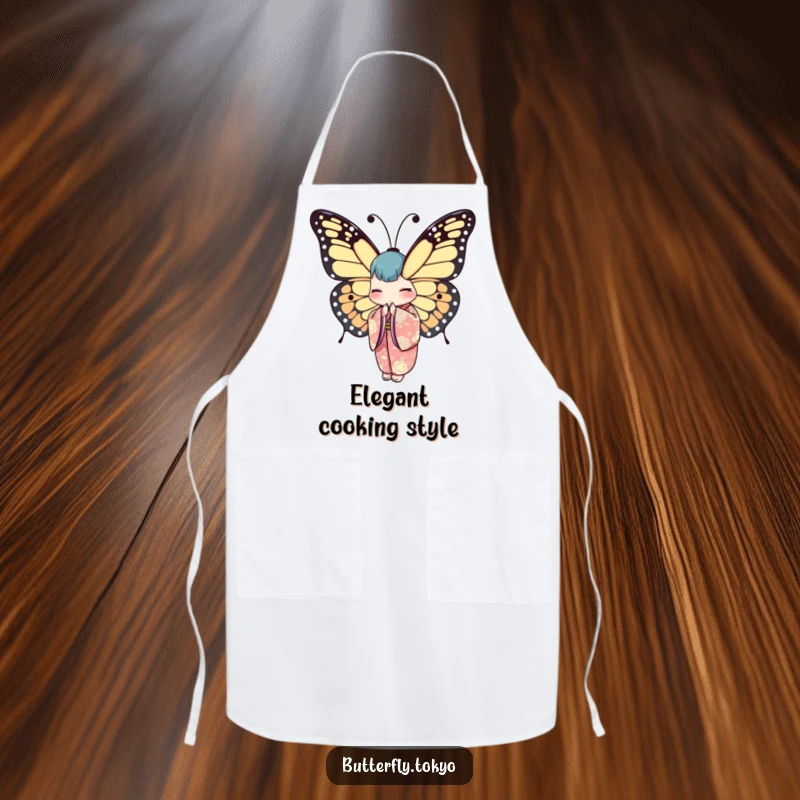 Funny Butterfly Kimono Apron featuring an elegant butterfly in a kimono, poised in a graceful bowing gesture while cooking.