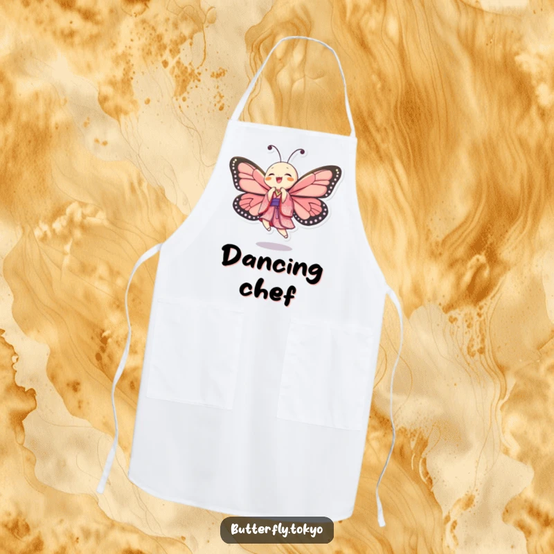 Funny Butterfly Kimono Dancer Apron with a butterfly in a patterned kimono, dancing joyfully while preparing food.