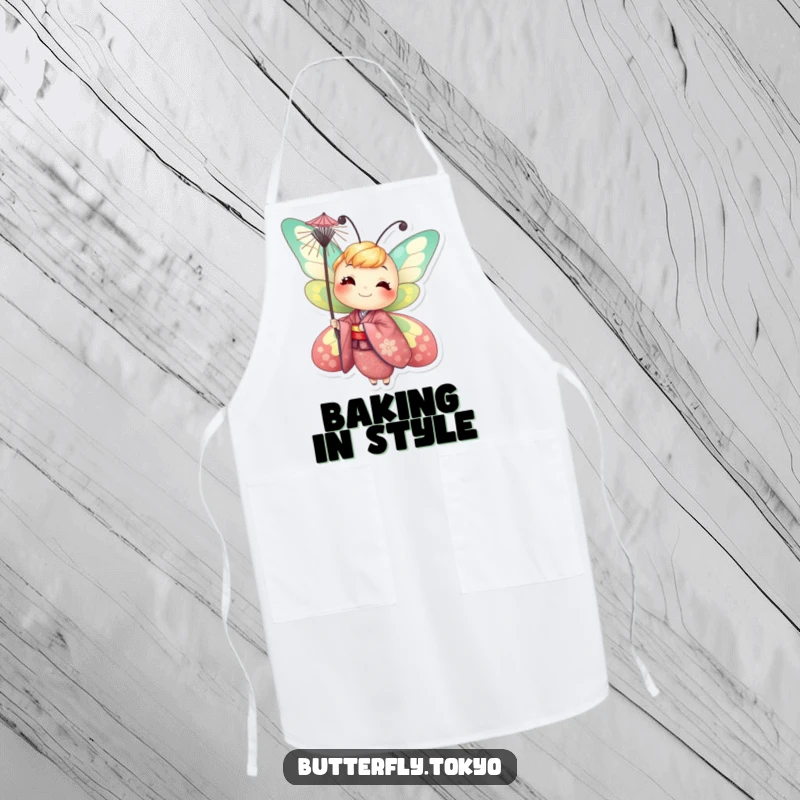 Funny Butterfly Parasol Apron: A humorous and vibrant butterfly in a kimono, balancing a parasol while cooking with a smile.