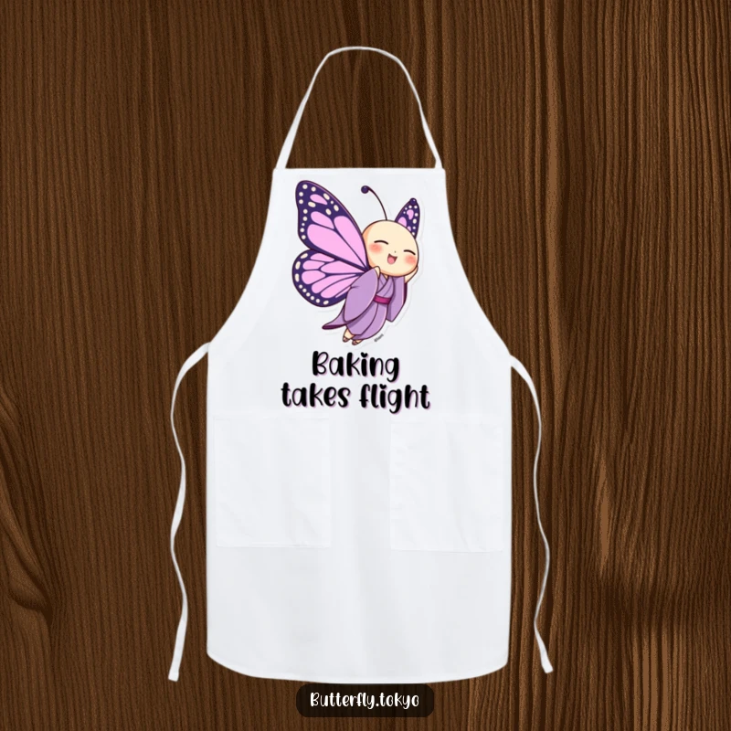 Funny Butterfly Purple Kimono Apron showing a butterfly joyfully fluttering upwards in a purple kimono, ideal for joyful cooking.