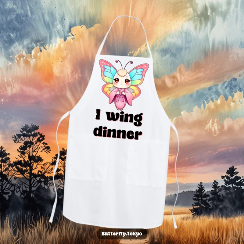 Funny Butterfly Pink Kimono Apron featuring a colorful butterfly in a flowing pink kimono, ideal for adding artistic charm to cooking.