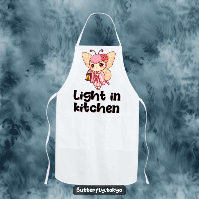 Funny Butterfly Lantern Apron with a butterfly in a striped kimono, holding a tiny lantern while cooking.