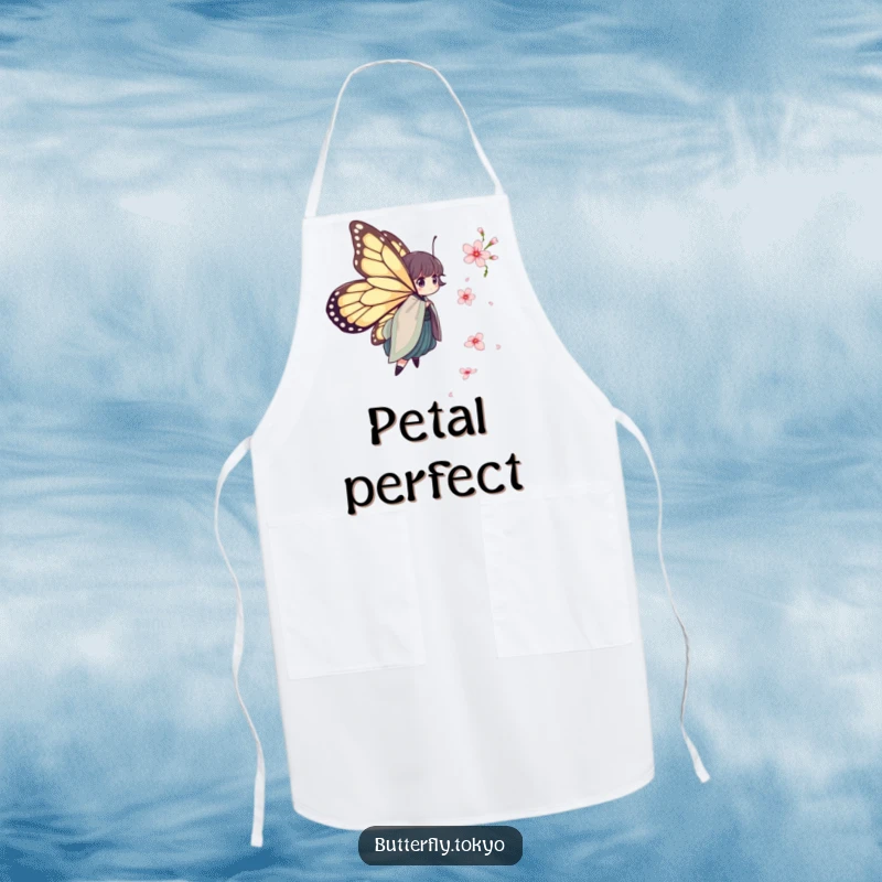 Funny Butterfly Kimono Apron: A butterfly in a layered kimono humorously chases a falling cherry blossom, making cooking delightful.