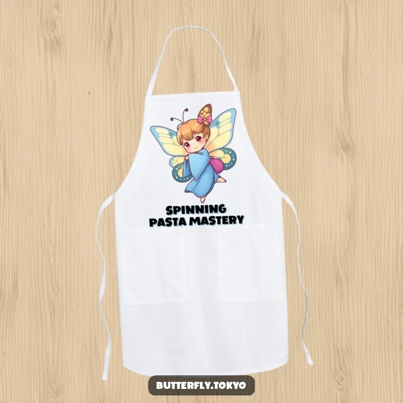 Funny Butterfly Blue Kimono Apron showing a butterfly in a blue kimono performing a graceful spin, ideal for adding artistic flair to cooking.
