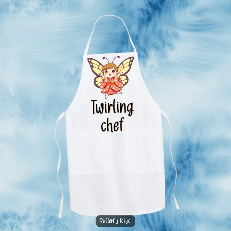 Funny Butterfly Kimono Apron: A humorous and joyful butterfly in a colorful kimono, jumping and twirling while cooking with flair.