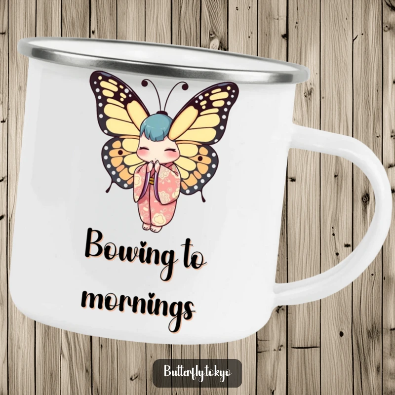 Funny Butterfly Kimono Enamel Camping Mug showing a graceful butterfly in a kimono, bowing peacefully in an outdoor setting.