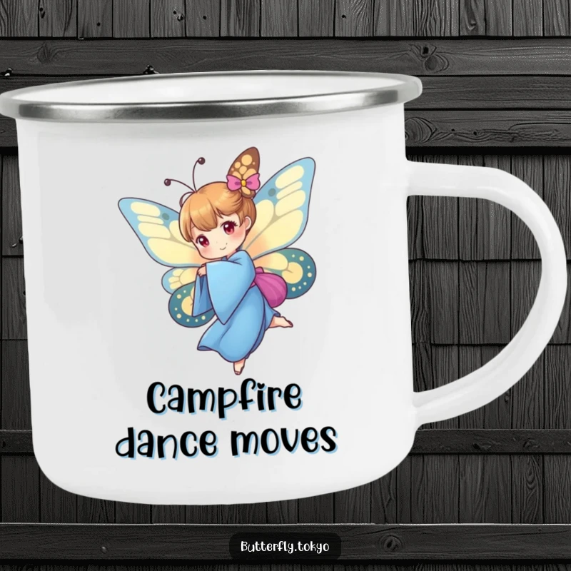 Funny Butterfly Blue Kimono Camping Mug showing a butterfly in a blue kimono performing a graceful spin, designed for outdoor charm.