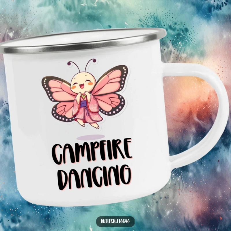 Funny Butterfly Dancer Enamel Camping Mug showing a butterfly in a patterned kimono, dancing with unrestrained joy.