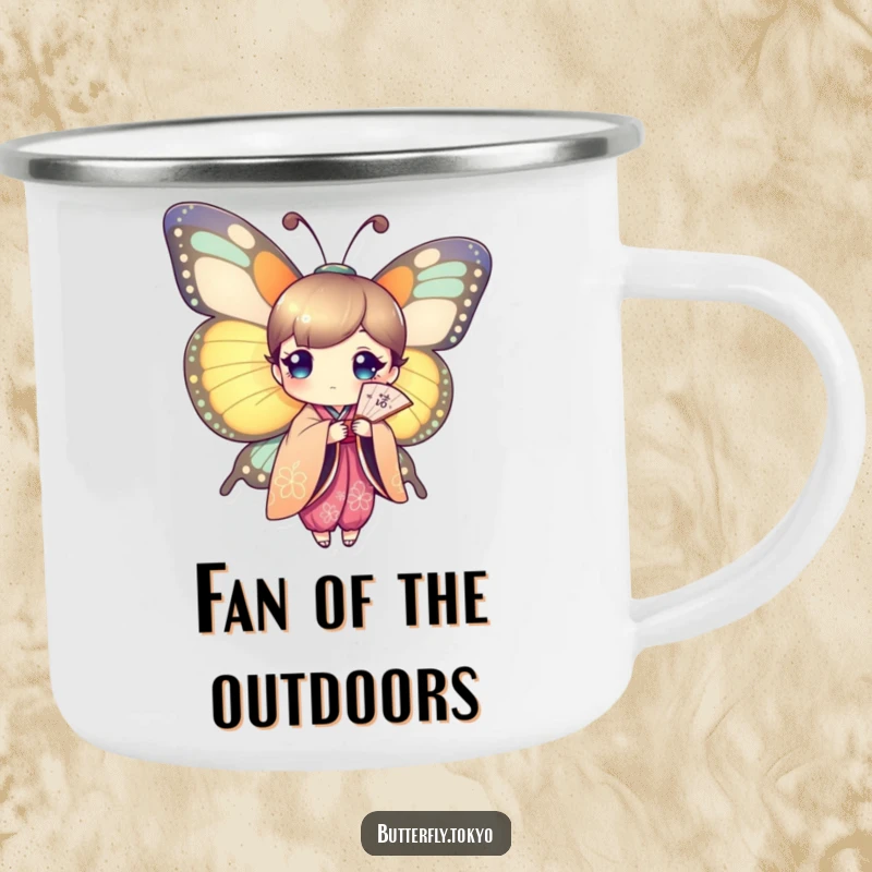 Funny Butterfly Fan Dancer Enamel Camping Mug showing a butterfly in a colorful kimono, holding a paper fan.