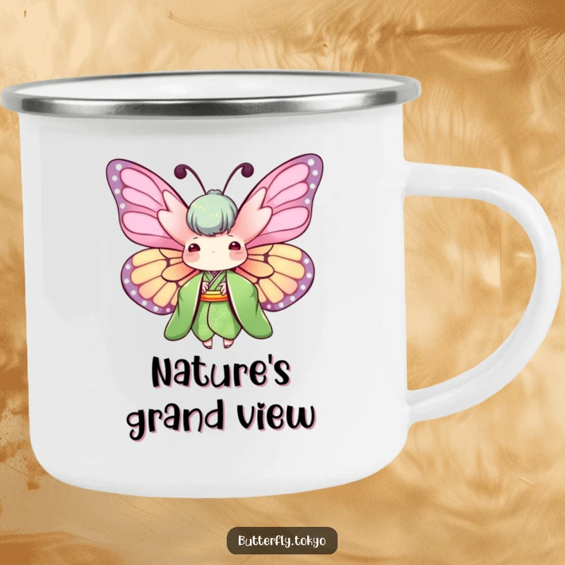 Funny Butterfly Green Kimono Camping Mug showing a butterfly with wings spread wide in a green kimono, designed for rustic charm.