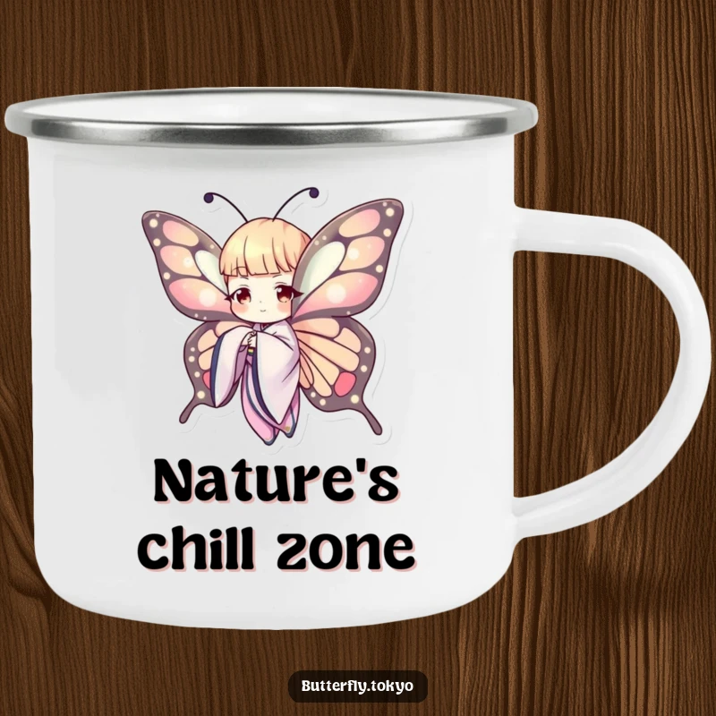 Funny Butterfly Kimono Camping Mug: A humorous butterfly in a kimono, gracefully enjoying the outdoors with a warm drink.