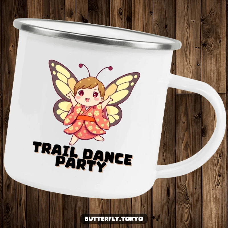 Funny Butterfly Kimono Camping Mug: A joyful, colorful butterfly in a kimono humorously jumping and twirling during an outdoor adventure.