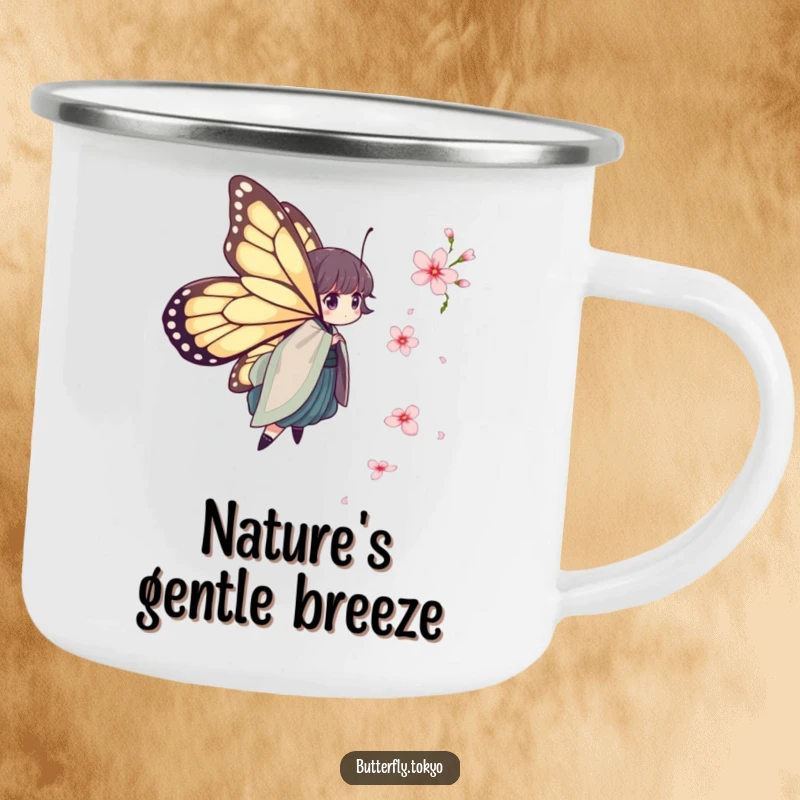 Funny Butterfly Kimono Camping Mug: A butterfly in a layered kimono humorously chases a falling cherry blossom in a serene outdoor setting.