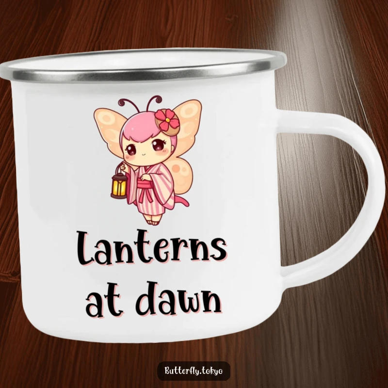 Funny Butterfly Lantern Enamel Camping Mug showing a butterfly in a striped kimono, holding a tiny illuminated lantern.
