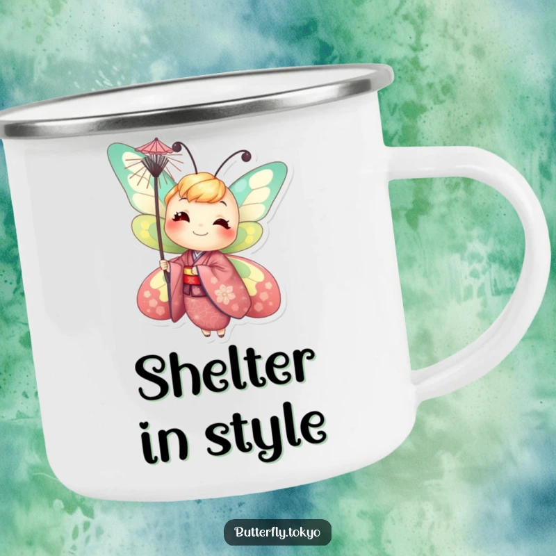 Funny Butterfly Parasol Camping Mug: A cheerful butterfly in a vibrant kimono humorously balances a parasol during an outdoor adventure.