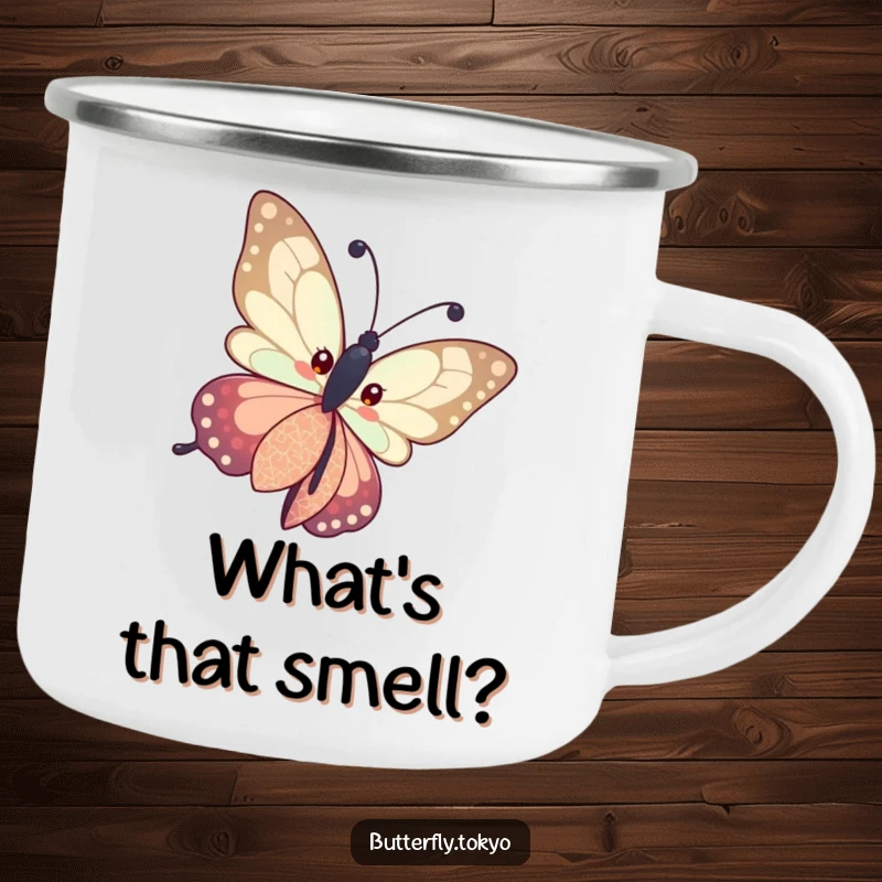 Funny Butterfly Patterned Kimono Camping Mug showing a butterfly curiously tilting its head in a patterned kimono, designed for inquisitive outdoor trips.