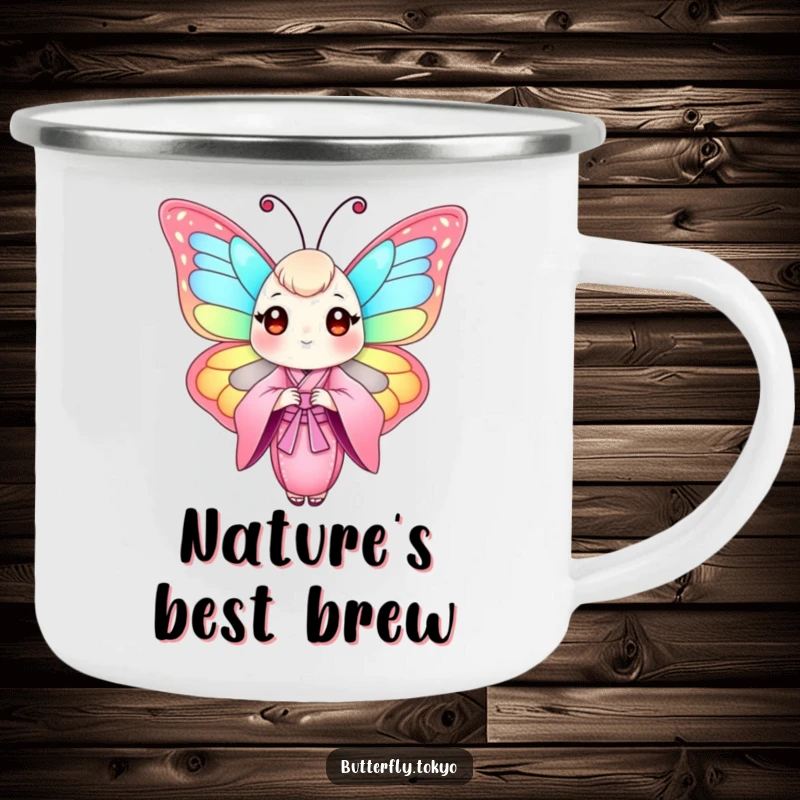 Funny Butterfly Pink Kimono Camping Mug with a colorful butterfly in a flowing pink kimono, designed for rustic charm and durability.