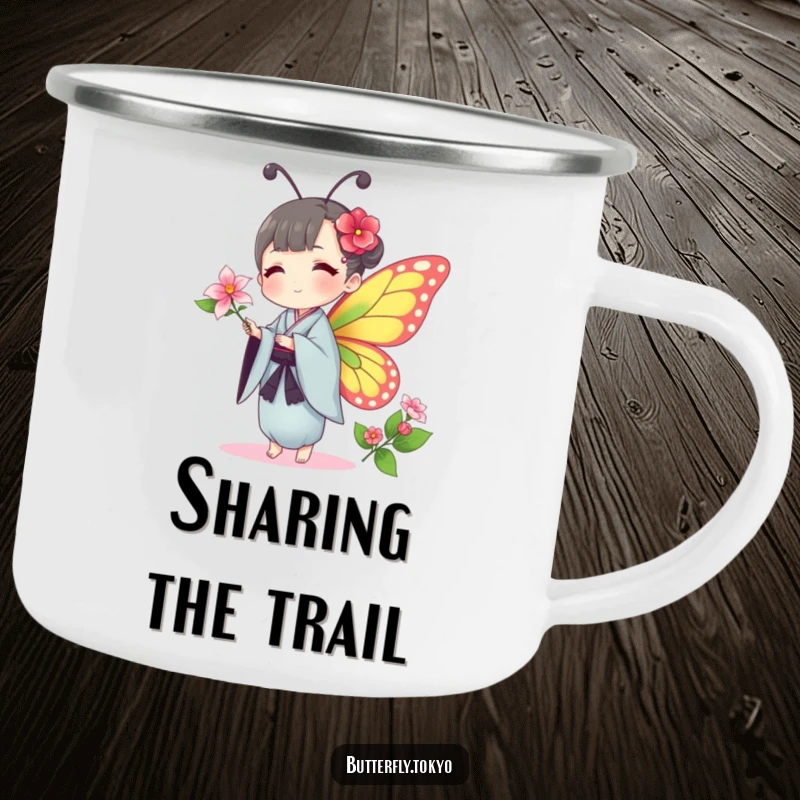 Funny Butterfly Kimono Camping Mug: A butterfly in a traditional kimono humorously offers a delicate flower during a peaceful outdoor scene.