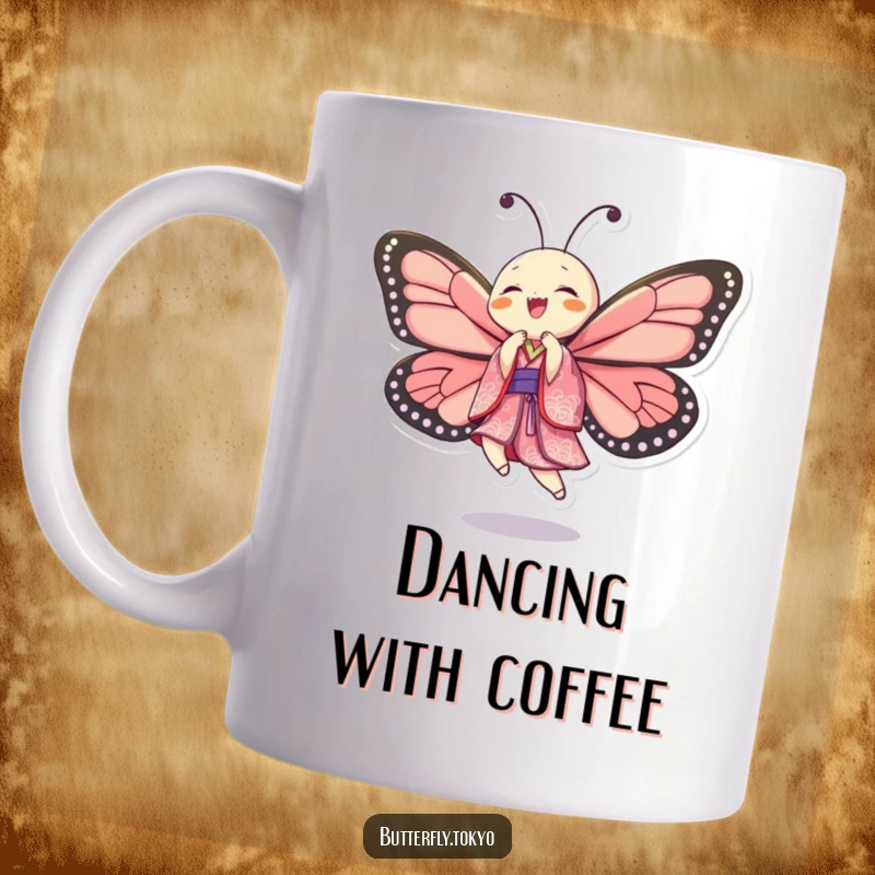 Funny Joyful Butterfly Dancer Mug featuring a butterfly in a patterned kimono, dancing with pure, uninhibited delight.