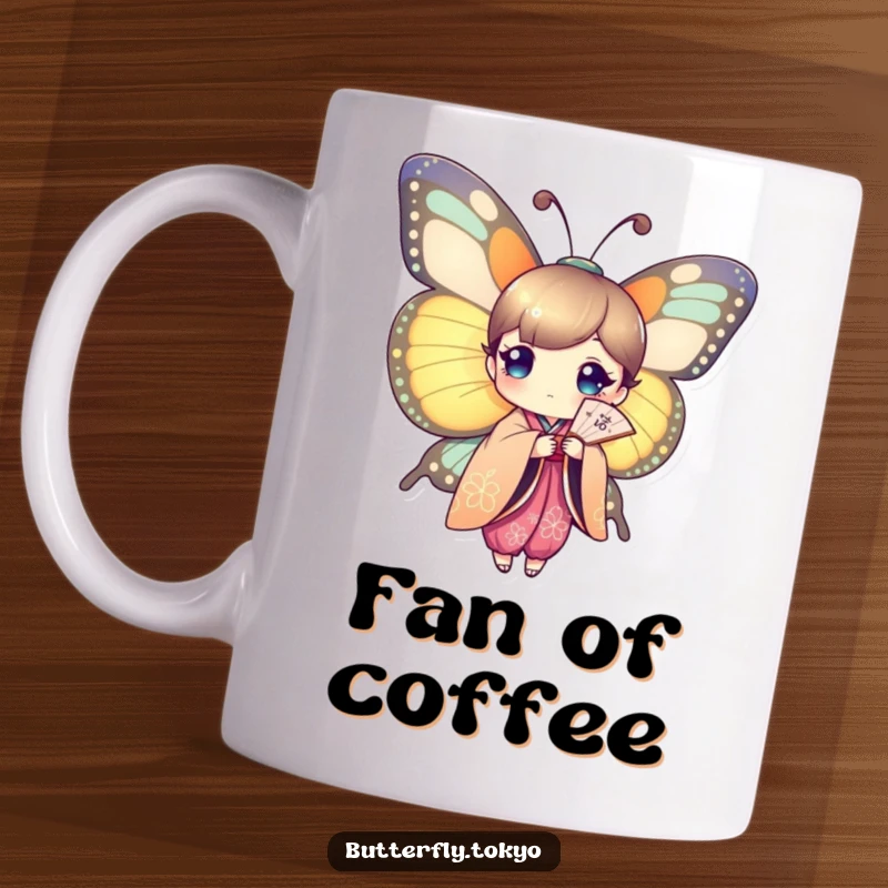 Funny Butterfly Fan Dancer Mug featuring a colorful kimono butterfly holding a delicate paper fan with playful grace.