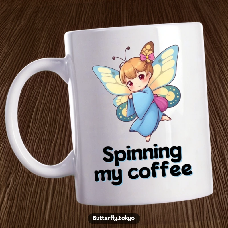 Funny Butterfly Blue Kimono Mug showing a butterfly gracefully attempting a spin in a vibrant blue kimono, capturing motion and art.