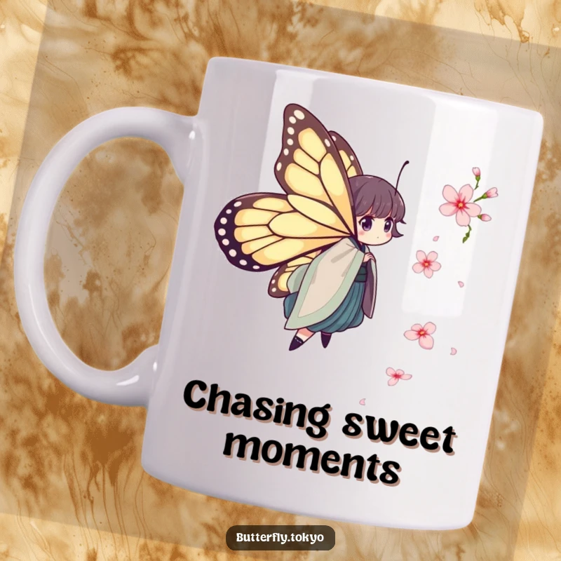 Funny Butterfly Kimono Mug: A butterfly in a layered kimono humorously chases a falling cherry blossom, capturing a moment of playful pursuit.