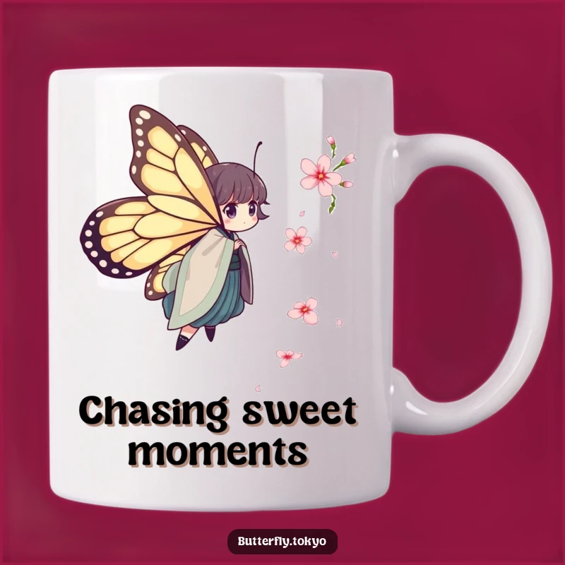 Funny Butterfly Kimono Mug: Cherry Blossom Chase, Humorous Gift