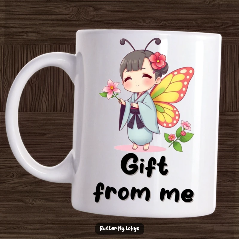 Funny Butterfly Kimono Mug: A butterfly in a traditional kimono humorously offers a delicate flower with grace and kindness.