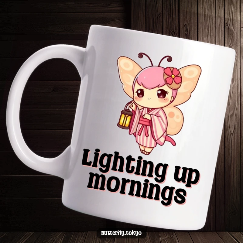 Funny Butterfly Lantern Mug showing a butterfly in a striped kimono, holding a small, softly glowing lantern.