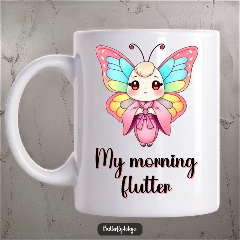Funny Butterfly Pink Kimono Mug featuring a colorful butterfly elegantly dressed in a flowing pink kimono, radiating serene beauty.