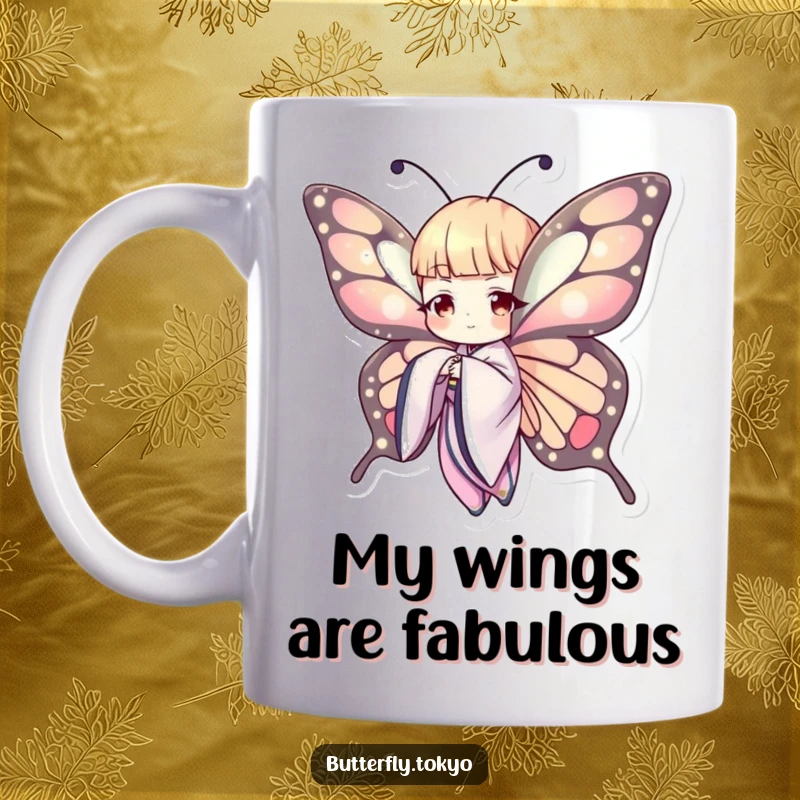 Funny Butterfly Kimono Mug: A stylish butterfly in a flowing kimono gracefully extends its delicate wing in a humorous, elegant pose.