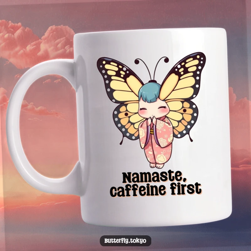 Funny Butterfly Kimono Mug featuring an elegant butterfly in a patterned kimono, gracefully bowing with gentle charm.