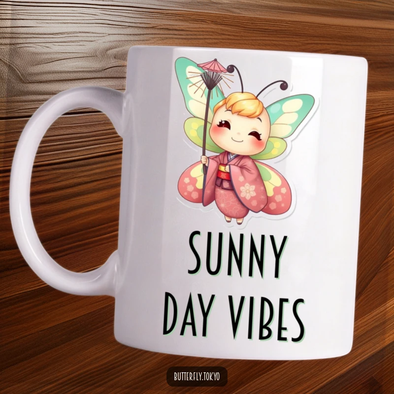 Funny Butterfly Parasol Mug: A smiling butterfly in a vibrant kimono, humorously balancing a tiny parasol, ready for a sunny day.