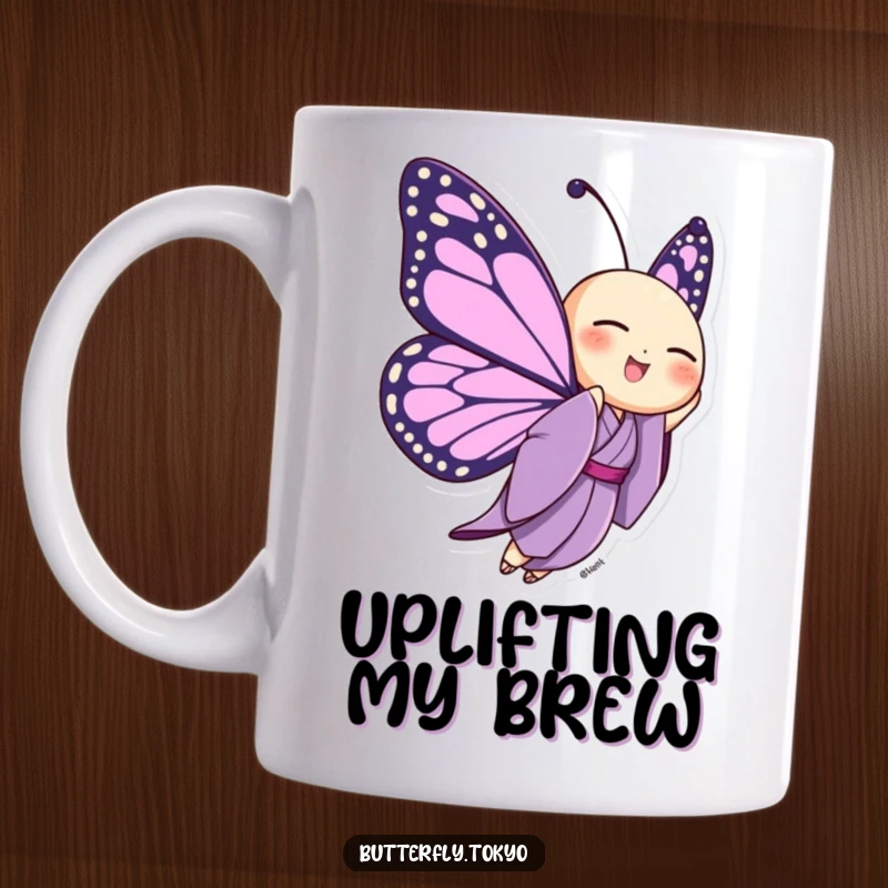 Funny Butterfly Purple Kimono Mug featuring a butterfly joyfully fluttering upwards in a vibrant purple kimono, radiating happiness.