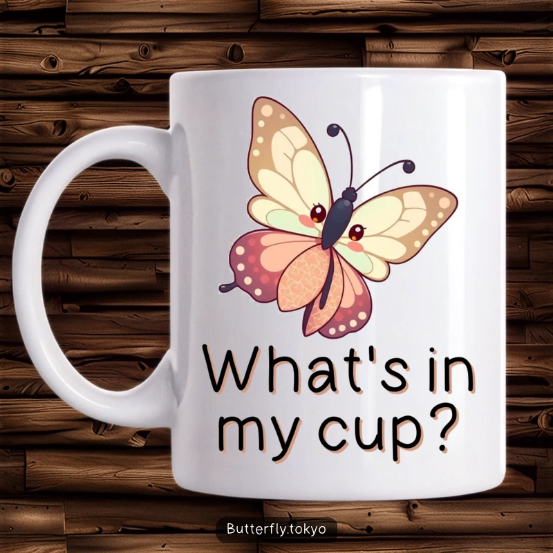 Funny Butterfly Patterned Kimono Mug showing a butterfly curiously tilting its head, wearing a detailed patterned kimono, exuding inquisitiveness.