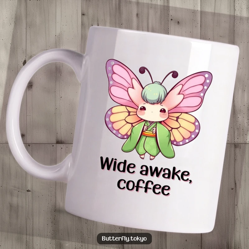 Funny Butterfly Green Kimono Mug featuring a butterfly with wings spread wide, wearing a serene green kimono, embodying natural beauty.