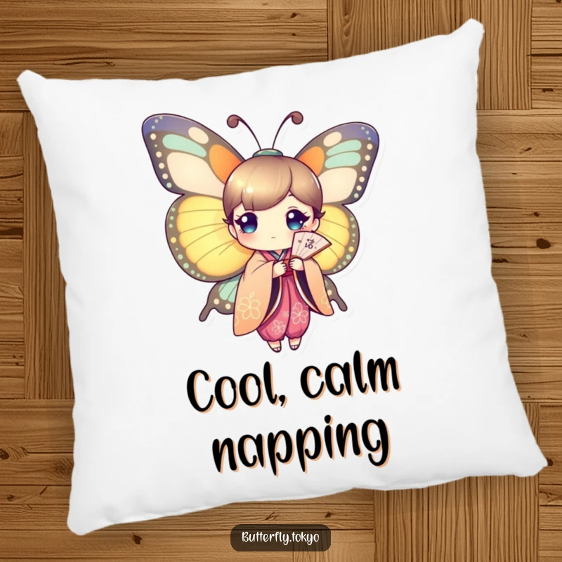 Funny Butterfly Kimono Fan Pillow showing a butterfly in a vibrant kimono, gracefully displaying a paper fan.