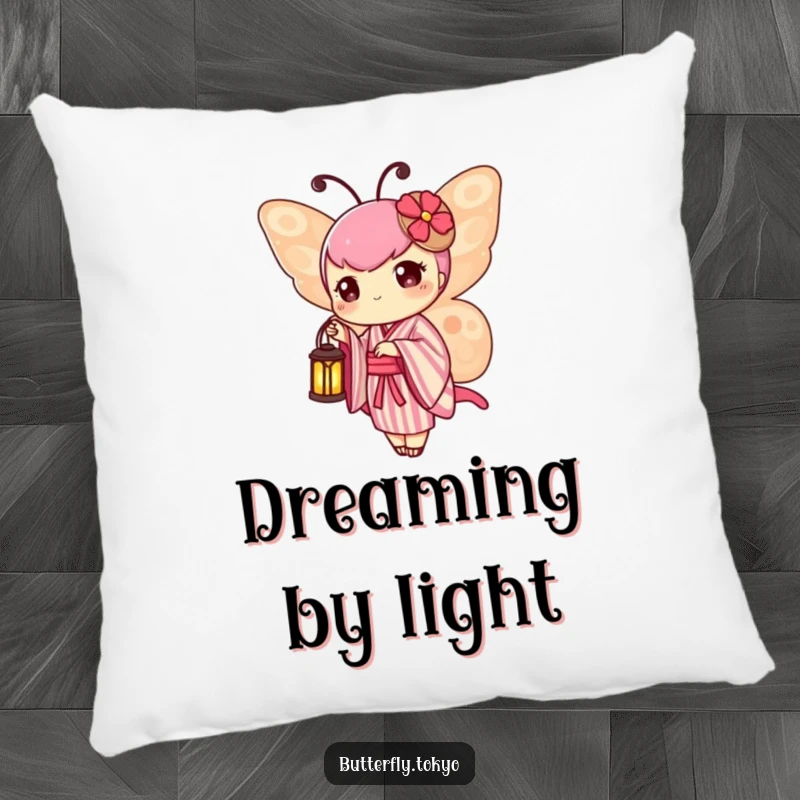 Funny Butterfly Lantern Pillow showing a butterfly in a striped kimono, holding a tiny, soft lantern.