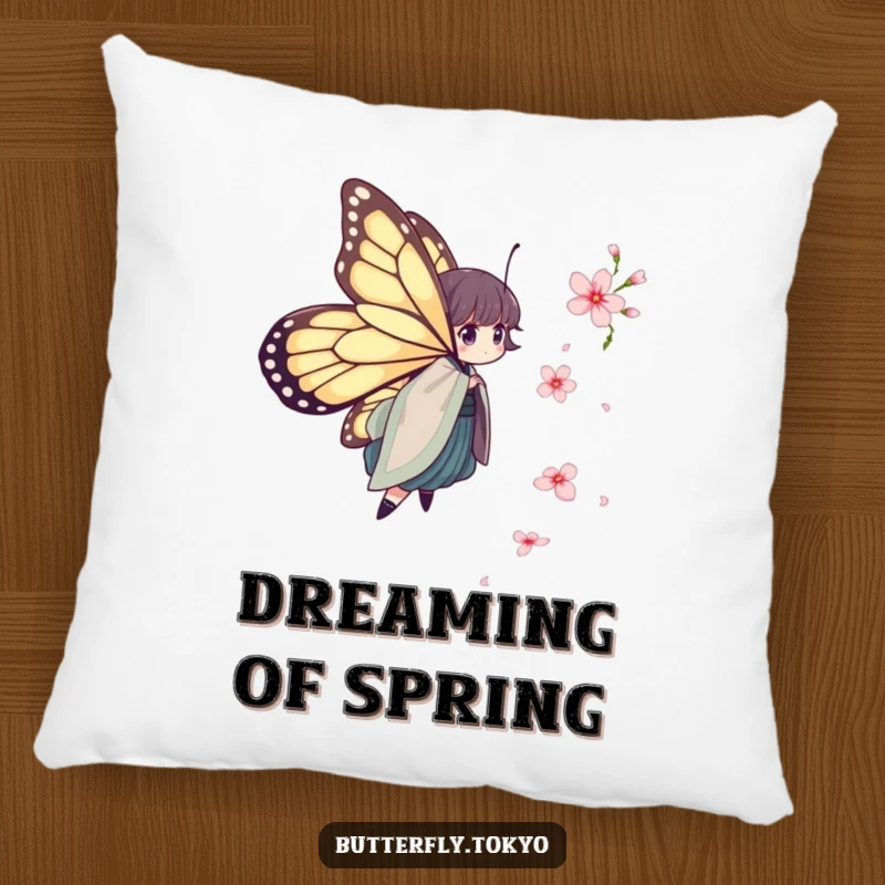 Funny Butterfly Kimono Pillow: A soft pillow with a butterfly in a layered kimono humorously chasing a falling cherry blossom.