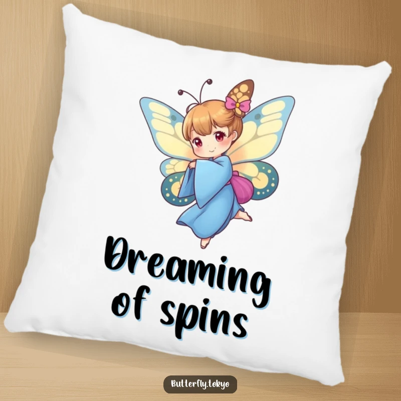 Funny Butterfly Blue Kimono Pillow depicting a butterfly in a blue kimono mid-spin, offering soft, artistic, and motion-inspired comfort.