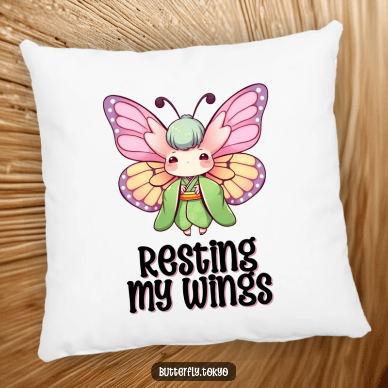 Funny Butterfly Green Kimono Pillow depicting a butterfly with wings spread wide in a green kimono, offering soft, natural comfort.