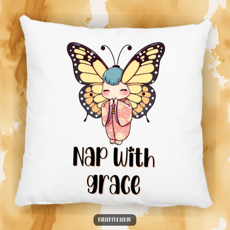 Funny Butterfly Kimono Pillow showing a stylized butterfly in a kimono, bowing with quiet, artistic refinement.