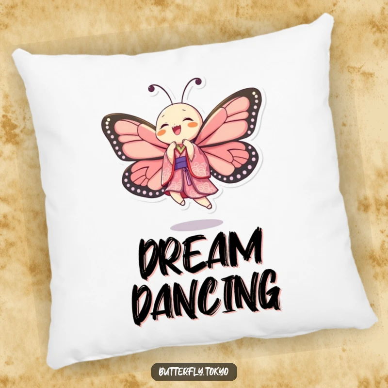 Funny Butterfly Kimono Dancer Pillow showing a butterfly in a patterned kimono, dancing with lively, uninhibited spirit.