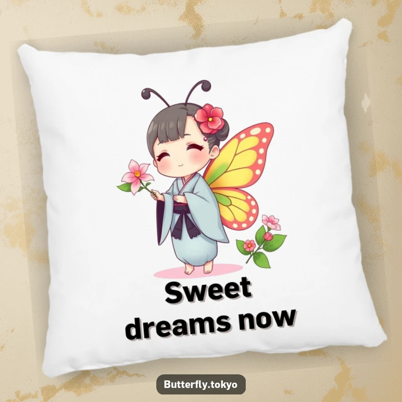 Funny Butterfly Kimono Pillow: A soft pillow featuring a butterfly in a traditional kimono humorously offering a delicate flower.