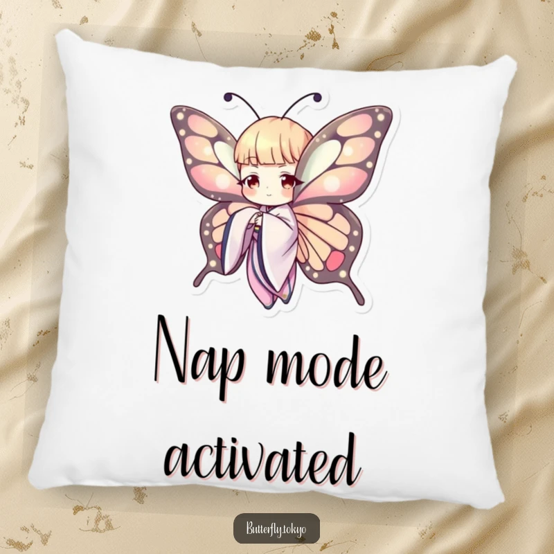 Funny Butterfly Kimono Pillow: A plush pillow showcasing a graceful butterfly in a kimono, humorously extending its wing for decorative charm.