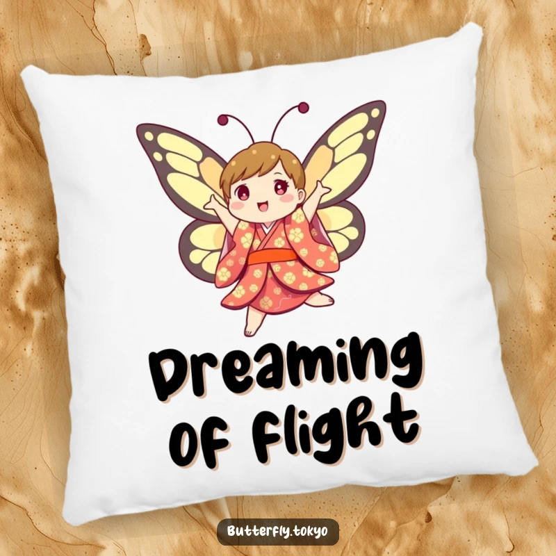 Funny Butterfly Kimono Pillow: A soft pillow with a joyful, colorful butterfly in a kimono, humorously jumping and twirling.