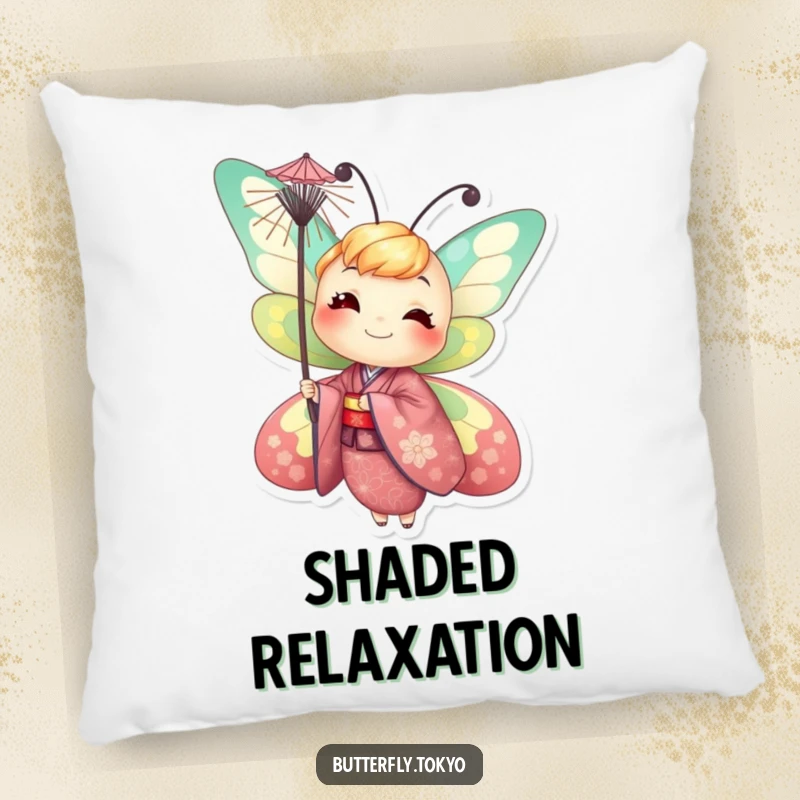 Funny Butterfly Parasol Pillow: A soft pillow featuring a smiling butterfly in a vibrant kimono, humorously balancing a tiny parasol.